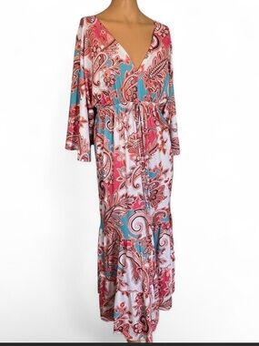 V-Neck Paisley Maxi Dress in Pink & Teal